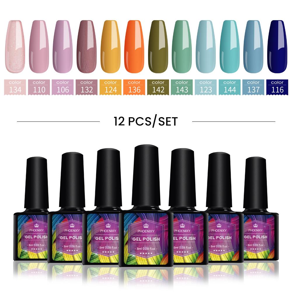 PHOENIXY Набор гель-лаков для ногтей, 12 цветов, набор геля для замачивания с чистым цветом для дизайна ногтей, стартовый набор для начинающих, сделай сам, дома