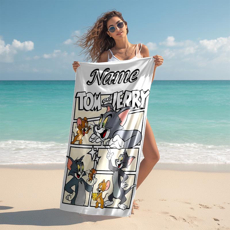 Personalized customized proof beach towel with Tom and Jerry pattern - soft, absorbent,quick-drying,perfect swimming,camping&bathing