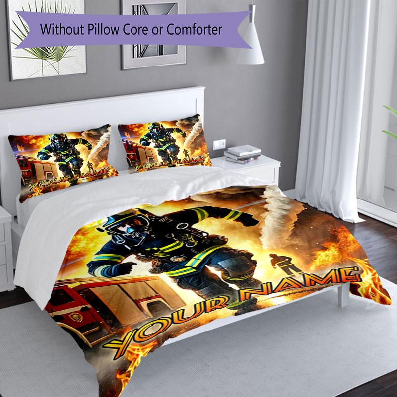 3PC Custom Name Firefighter Bravery Bedding Set Duvet Cover Closure Includes 1 Duvet Cover & 2 Pillowcases for Bedroom