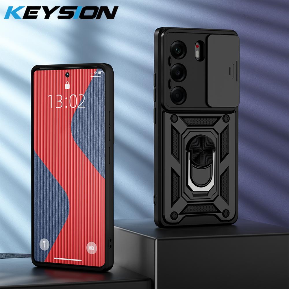 KEYSION Shockproof Case for TECNO Camon 40 Pro 4G Slide Camera Protection Metal Ring Stand Phone Back Cover for TECNO Camon40 4G