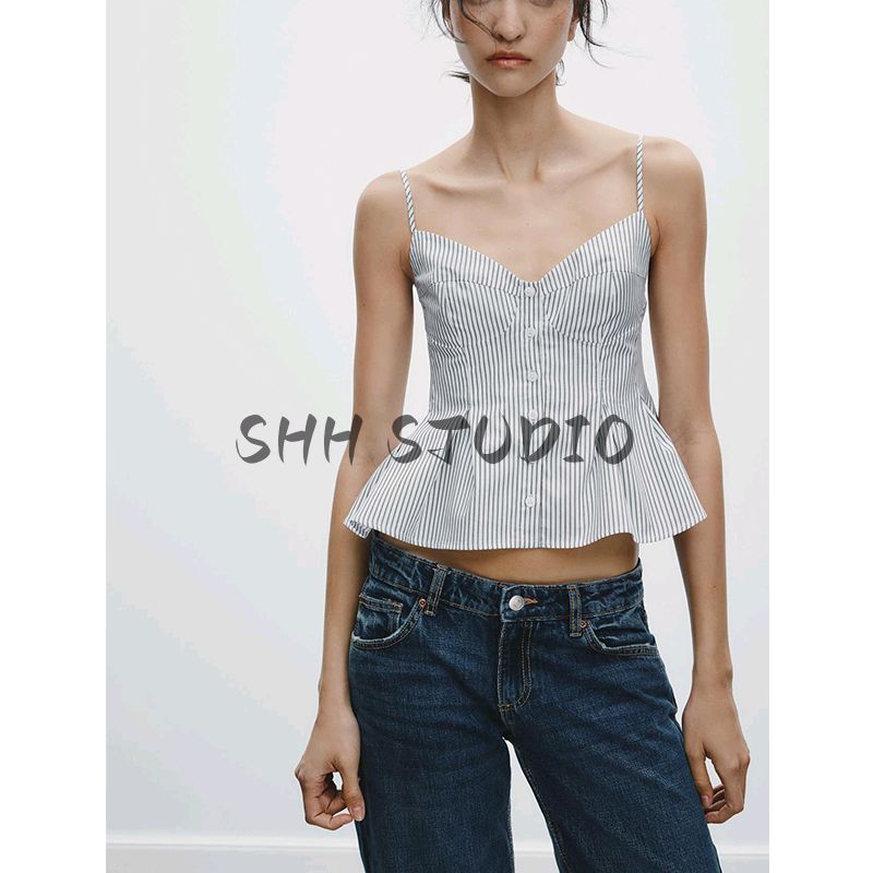 Spring New Women's Clothing French Style Silm Small Pleated Poplin Camisole Waist-Controlled Top 2890420 2178083