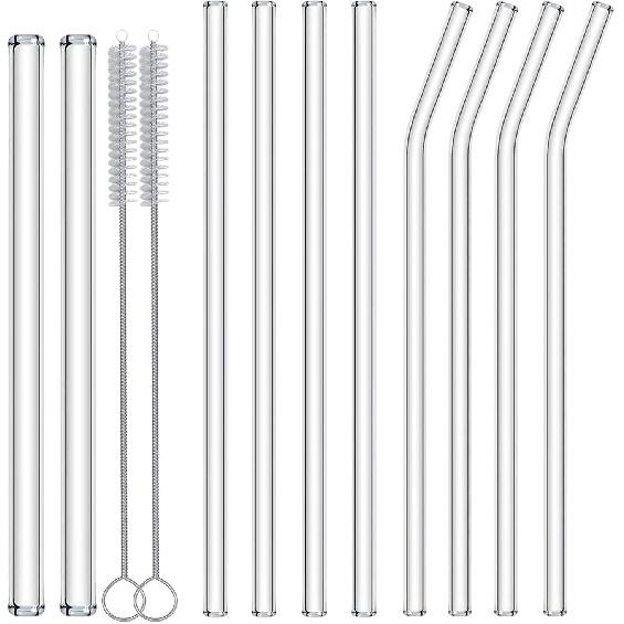 Reble Glass Straws 10-Pack Drinking Straw 4 Bent + 4 Straight + 2 Wider Smoothie Straws with 2 Cleaning Brushes