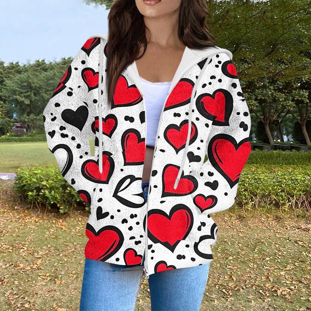 Women's Fashion Casual Long Sleeve Valentine's Day Print With Pocket Zipper Cardigan Jacket