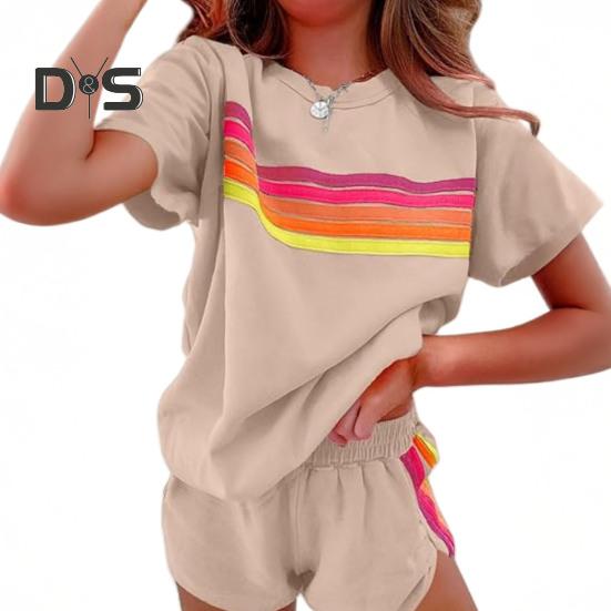 Женский комплект из 2 предметов: футболка с коротким рукавом и круглым вырезом, эластичная резинка на талии, широкие шорты, комплект в стиле пэчворк, уличный стиль