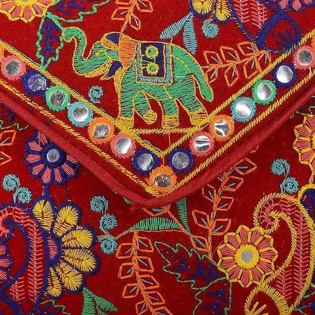 Clutch Bags for Women Jaipuri Rajasthani Handmade Embroidery Mirror Work Stylish Sling Bags for Women Cross Body Bags for Ladies and Girls - 22X16 Cm
