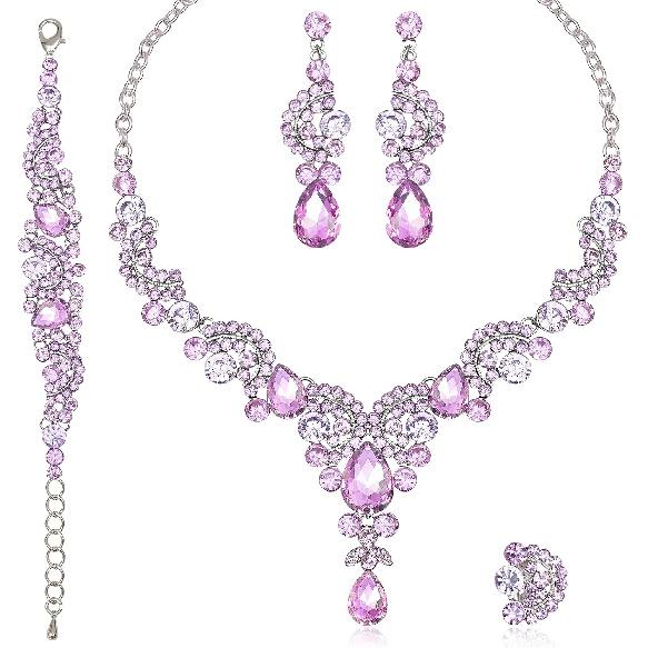 CSY Elegant Costume Jewelry Sets for Wedding Party Prom | 4-Piece Set Bridal Necklace Earrings Bracelet Ring Set Eco-friendly Statement Accessory for