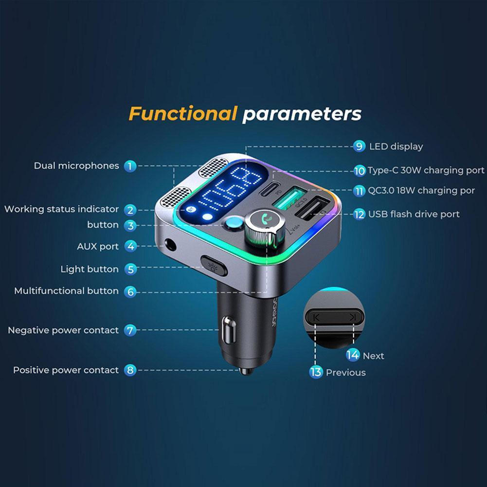 2025 Bluetooth 5.3 FM Transmitter for Car Stronger Dual Mics Deep Bass Sound 48W PD&QC3.0 Car Charger Bluetooth Adapter