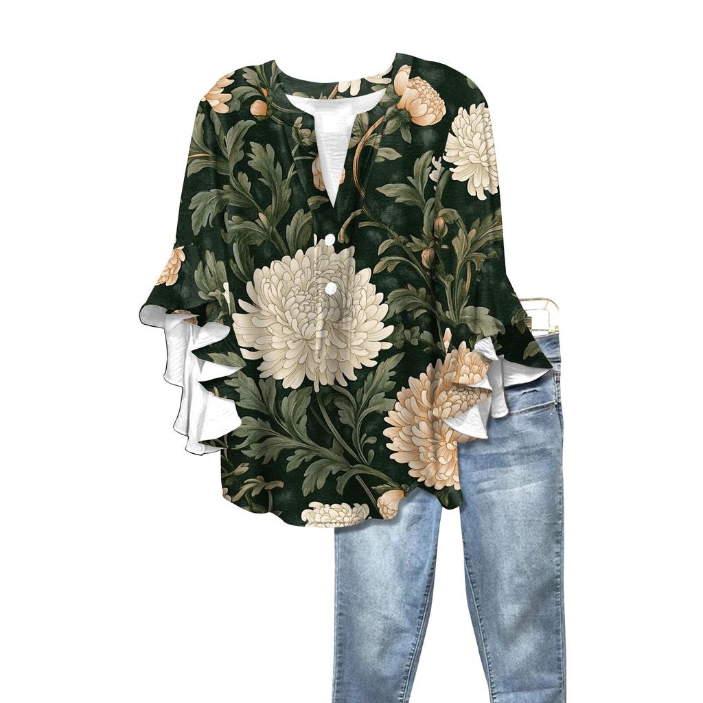 Summer Women's Tops V Neck Three Quarter Sleeve Shirt Vintage Floral Print Tops Casual Shirts