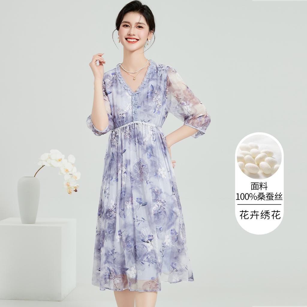 Mulberry Silk and Fungus Edge Medium Long Women's Dress with Summer Embroidery