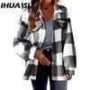 Женские винтажные повседневные куртки и пальто с решетчатым принтом, осенне-зимние куртки-поло с длинными рукавами и воротником