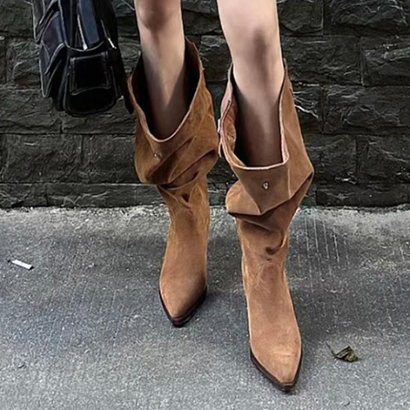 Замшевые сапоги с острым носком, высокие сапоги на среднем каблуке, дизайнерские массивные туфли, женские, тренд 2024 года, вестерн-ботинки «Челси», туфли-лодочки, новые женские ботинки