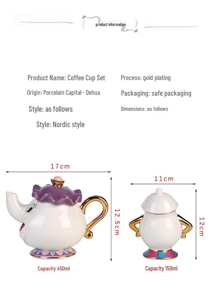 Gold-Plated Beauty and the Beast Teapot and Mug Set: Mrs. Potts and Chip with Cup and Saucer Gift Collection.