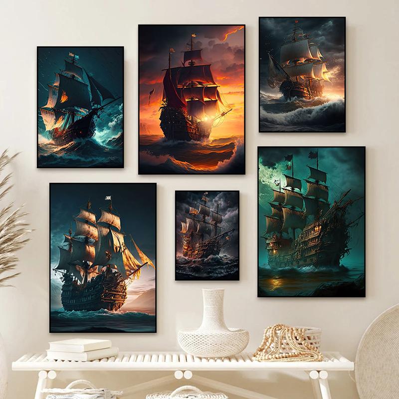 Абстрактный Набор Холстов Парусного Спорта в Океане - Яркое Морское Настенное Искусство для Гостиной