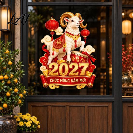 Auspicious Cloud And Lantern Decor 2027 Zodiac Sheep Sticker Vietnamese Happy New Year Static Window Non Adhesive Glass Clings Decal Removable
