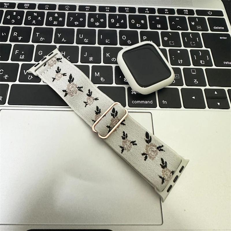 Ретро Цветочный Ремешок+Чехол Для Apple Watch Ремешок 49мм 40мм 44мм 45мм 41мм 38 42мм Эластичный Нейлоновый Ремешок Для iWatch Серии 3 4 5 6 SE 7 8