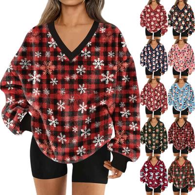 Женский свитшот с V-образным вырезом, плюшевый, однотонный, повседневный, модный, с длинным рукавом, с карманами, пуловер