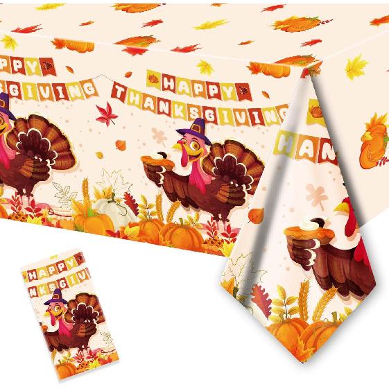 1 Pack Thanksgiving Fall Tablecloth Disposable - 108" × 54", Fall Table Cloth Autumn Harvest Turkey Pumpkin Leaves Tablecover Plastic Rectangle
