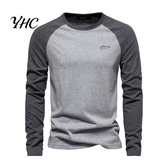 Long Sleeve Elastic Cuffs Top Men Raglan T-shirt O-Neck Patchwork Color Pullover Tops Loose Fit Breathable Casual Tees