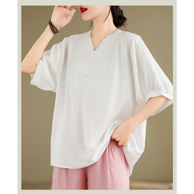 Летняя хлопковая льняная футболка в стиле ретро с этническим принтом и тяжелой вышивкой для женщин