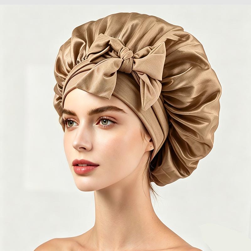 Silky Satin Sleep Cap with Tie-Up Ribbon for Women - Hair Care Hat