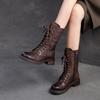 British Style Low Heeled Mid-calf Boots Retro Genuine Leather Lace-up Women's Shoes