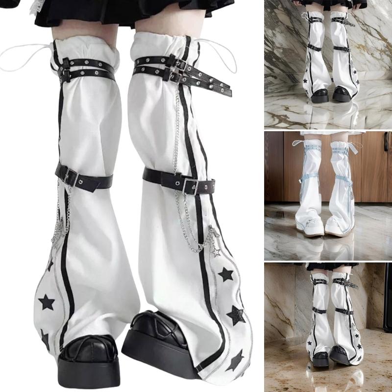 Women Harajuku Star Print Zippered Flared Leg Warmer Aesthetic Fashion Punk PU Harness Strap Leg Cover Thigh High Socks