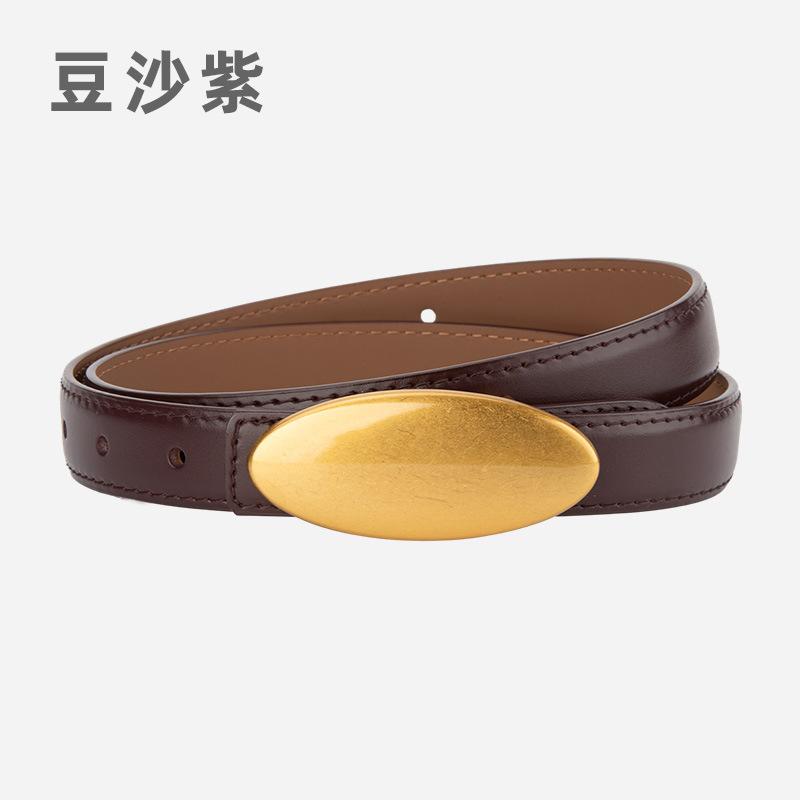 Women's Fashion Oval Gold Color Alloy Buckle Genuine Leather Waist-Cinching Belt Female Cummerbund Coat Waistband Narrow Belts