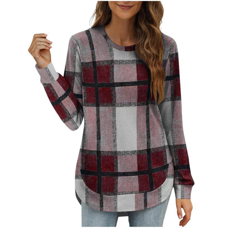 2026 Women's Casual Loose Plaid Long Sleeves Round Neck Irregular Bottled Shirt Top