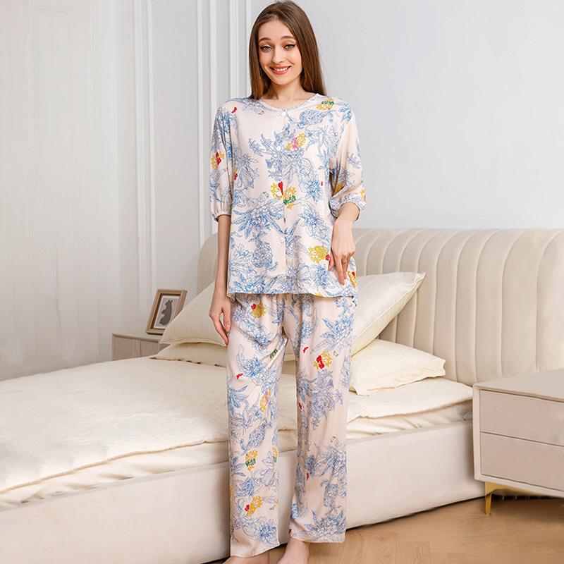 1011 new cotton pajamas women's summer thin five-quarter sleeve trousers loose large size high-end comfortable loungewear