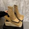 Fashion Square Toe High Heel Booties Women's Vintage Suede Paneled Autumn Winter Block Heel Stretch Skinny Boots