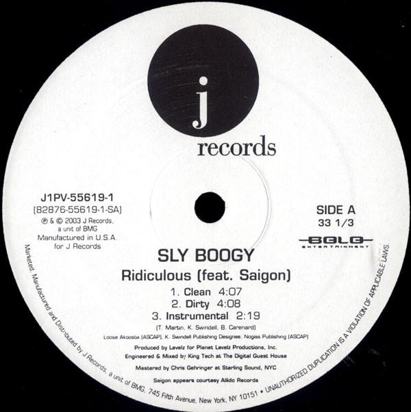 12-дюймовая пластинка SLY BOOGY - Ridiculous / California (Ремикс) J1PV556191 J Records 2003 США Рэп и Хип-хоп/R&B Б/У