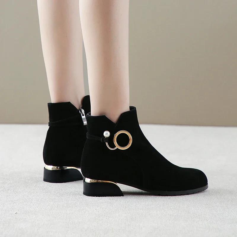 Autumn and Winter Thick Heeled Short Boots Women's Shoes Ankle Boots Low Heels Short Cow Suede Shoes Women's Boots