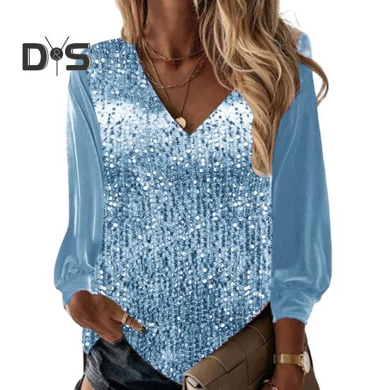 Fall Spring Women Top Shiny Sequin V Neck Long Sleeve Patchwork Loose Pullover Soft Breathable Mid Length Lady Commute Shirt Blouse