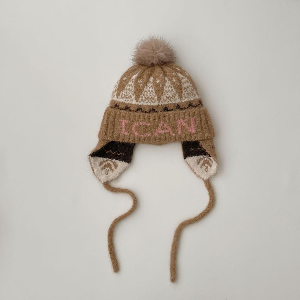 Vintage Fair Island letter jacquard wool hat winter warm and cold ear protection hat cute hairball knitted pullover hat