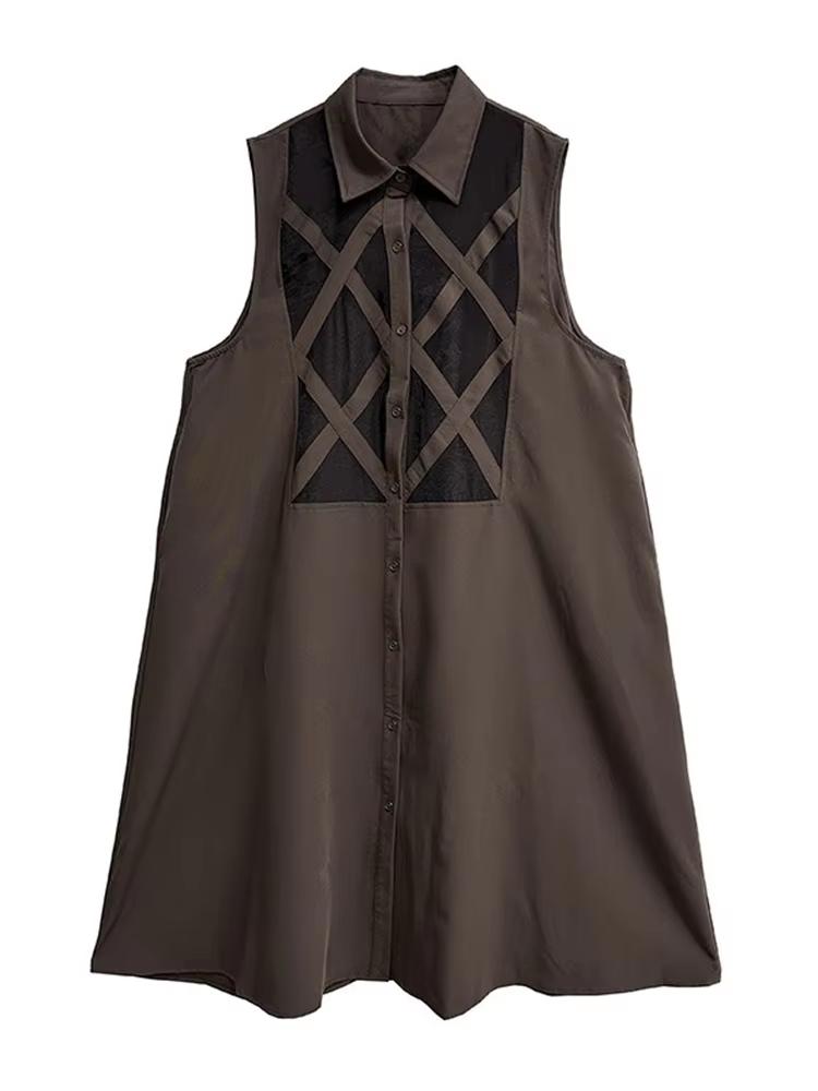 Xitao Patchwork Mesh Turn-down Collar Dress GYX1407