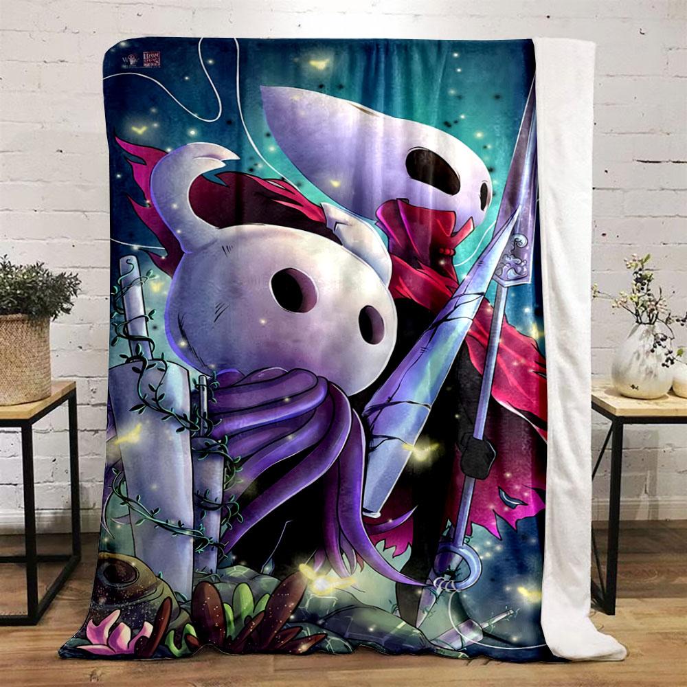 Two stylized characters with white masks, cloaks, and glowing background. for all seasons blanket lunch break throw gift