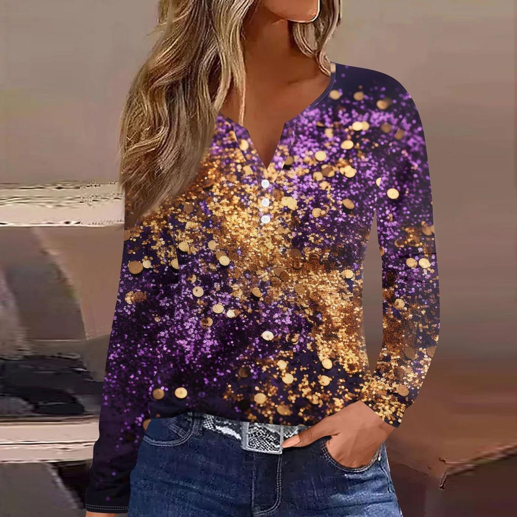 Жен. Футболка Футболка На пуговицах С принтом Длинный рукав Повседневные Выходные Мода Классический V-образный вырез Обычный Топ