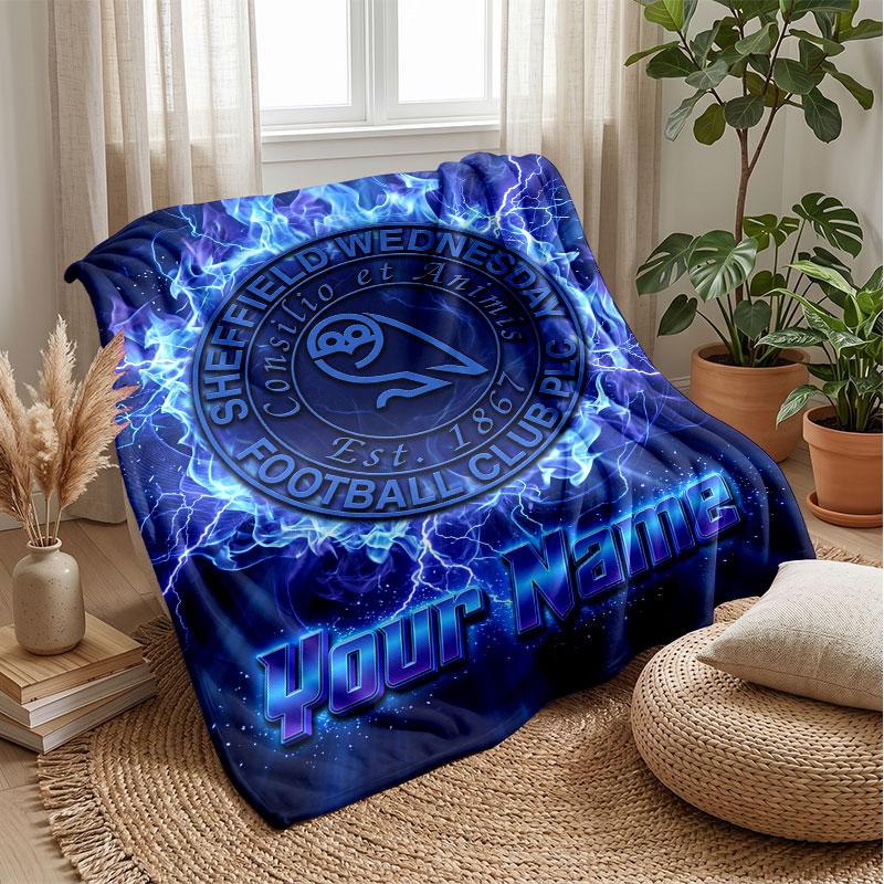 Sheffield Wednesday FC Custom Name Text Flannel Blanket Soccer Logo Personalized Fleece Throw Blanket Special Gift For Sofa Bedroom Home
