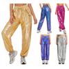 Shiny Metallic Cargo Pants for Women Elastic Waistband with Ruffle Trim Multiple Pockets Jogger Style for Hip Hop Music Stage Outfit