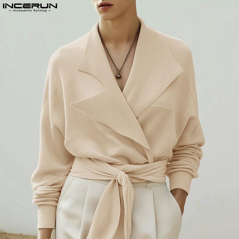 INCERUN Мужские весенние свободные топы с длинным рукавом и перекрестными лацканами