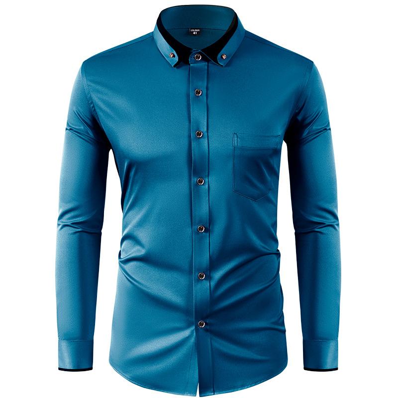 Four Sided Elastic Shirt for Men Color Blocked Diamond Button Lapel Shirt Casual No Iron Formal Wear Shirt