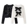 Women's Long Sleeve Sequined Cropped Jacket O Neck Coat Outerwear Chic Bow Tied