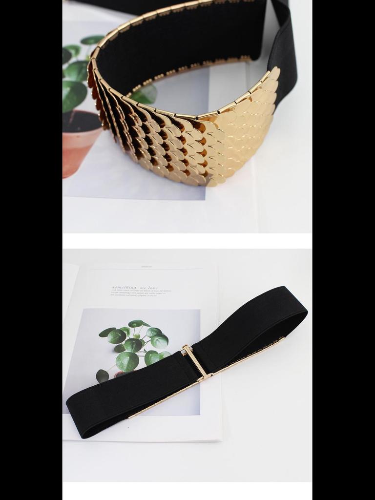 Women's Fashion Metal Elastic Belt with Fish Scale Pattern - Versatile Wide Elastic Waistband for Dresses