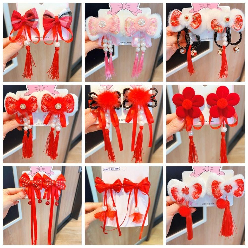 2 шт., заколка для волос в китайском стиле с красным бантом, головной убор ханьфу, новогодняя заколка сбоку, детская заколка для волос