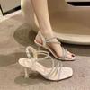 Thin Heels Open-toed High Heels Women's Summer 2024 New Rhinestone Silver Versatile One-word Buckle Women's Sandals