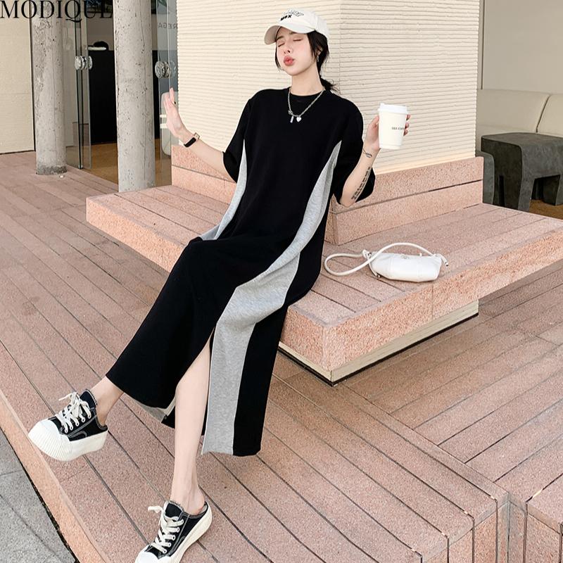 MODIQUE Лето Плюс Размер Новое Женское Свободное Повседневное Простое Стильное Пэчворк С Разрезом Длинное Платье Женское Платье С Коротким Рукавом О-Образным Вырезом