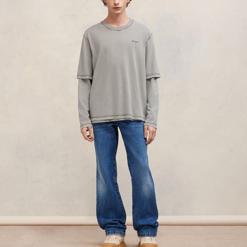 AMIPARIS FW23 Дизайнерская футболка с эффектом стирки, имитация двух предметов, с длинным рукавом, унисекс, топ UTS216JE0051-263