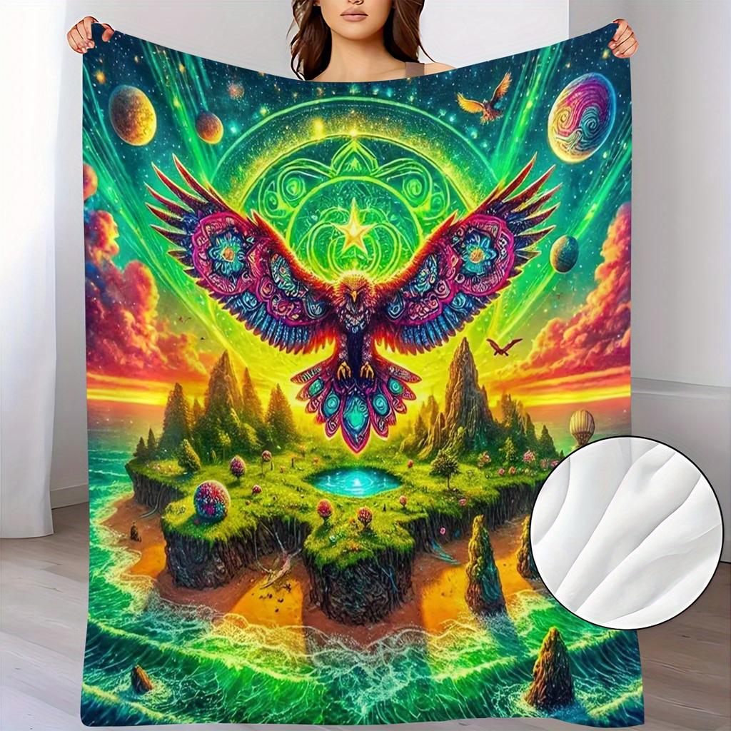 1pc Neon Eagle & Celtic-K Celtic Knot Tribal Print Plush Fleece Blanket - Turquoise/Purple/Green/Black/Golden/Orange/Pink/Pink/Golden/Blue - All-Seaso