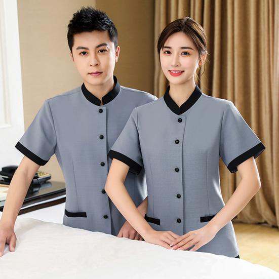 Hotel Housekeeping Uniform Women Slim Fit Top Stand Collar Short Sleeve Single Breasted Pockets Work Uniform Tops
