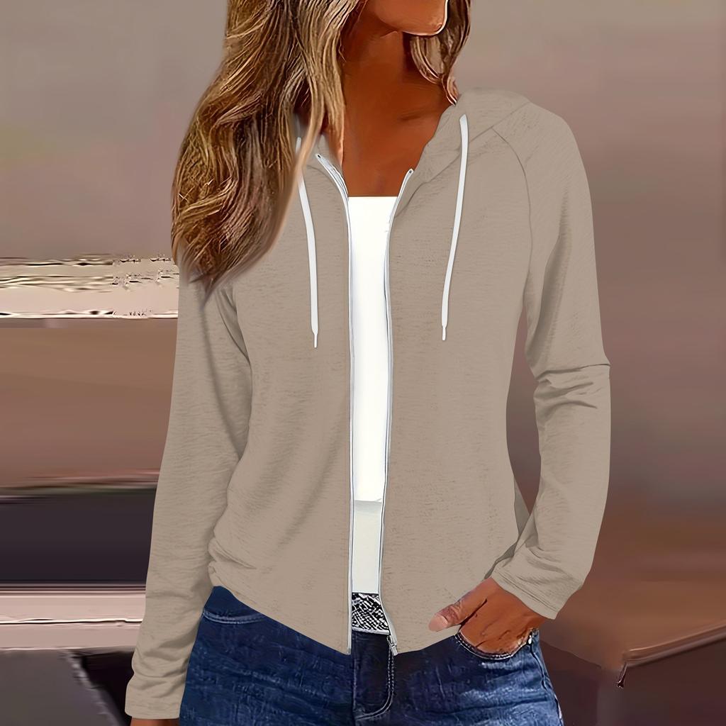 Женская мода повседневная застежка-молния с капюшоном и длинным рукавом толстовки пальто